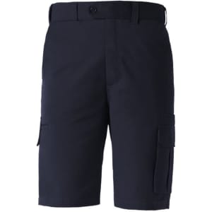 Men's dress shorts in navy blue with a logo, featuring side pockets and a classic fit.