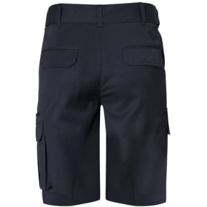 Men's navy shorts featuring cargo pockets and a waistband. The back view highlights the pocket detailing.