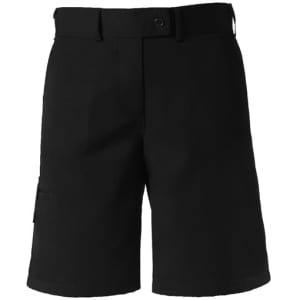 Black women's dress shorts featuring a flat front and side pocket. Includes a belt loop and brand logo.
