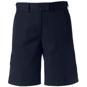 A pair of navy dress shorts for women featuring a front button and side pockets, with a logo on the side.