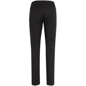 A rear view of black women's leggings with a smooth finish and pockets, featuring a subtle logo.