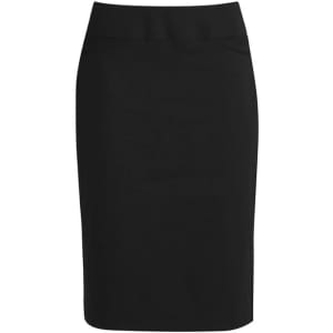 A knee-length women's skirt in black with a fitted design and a waistband. It features a branding logo.