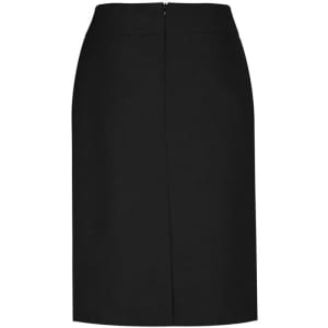 A women's classic knee-length skirt in black, featuring a sleek design and a zip closure at the back.