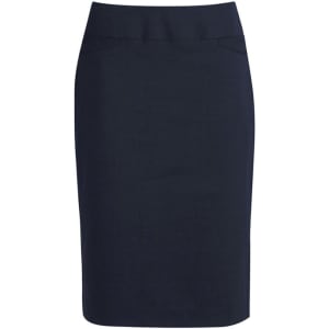 A navy knee-length skirt with a fitted design and two front pockets. It features a logo on the waistband.