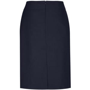 A knee-length women's skirt in navy blue with a central back zipper and a fitted silhouette.