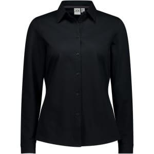 A black long sleeve button-up shirt for women featuring a collar and a logo.