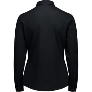 A black women's long sleeve button-up shirt featuring a sleek design and a back view. It has a logo branding.