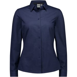A women's long sleeve button-up shirt in navy blue with a fitted design and a logo on the chest.