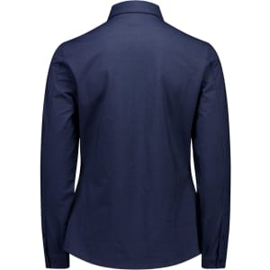 A women's long sleeve button-up shirt in navy blue with a back view and a logo on the collar.