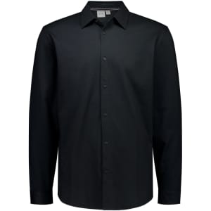 A black long sleeve button-up shirt with a collar and a single logo on the chest.