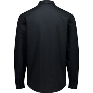 A black long-sleeve button-up shirt with a collar and cuffs, featuring a subtle logo.