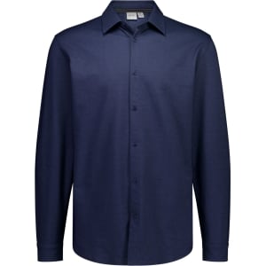 A navy button-up long sleeve shirt featuring a collar and a logo on the inside label.