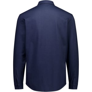 A navy long sleeve button-up shirt with a classic collar and button cuffs, featuring a logo on the back.