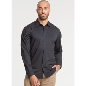 A grey long sleeve shirt with a button-up front, featuring a logo on the chest, worn by a male model.