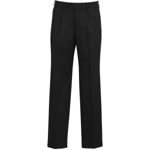 Classic black pleat pants with a tailored fit, featuring a waistband and a logo. Suitable for formal occasions.