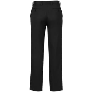 A pair of black classic pleat pants featuring a straight leg design and back pockets. Includes a logo.