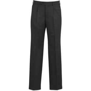 Classic pleat pants in black, featuring a tailored fit and a logo on the waistband.