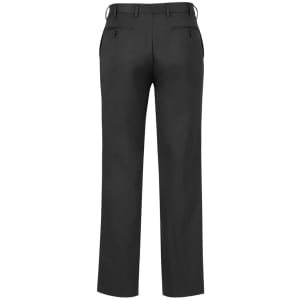 A pair of men's classic pleat pants in dark grey, featuring back pockets and a sleek design.