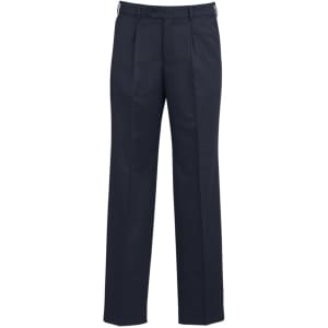 A pair of men's classic pleat pants in dark grey, featuring a tailored fit and a logo on the waistband.