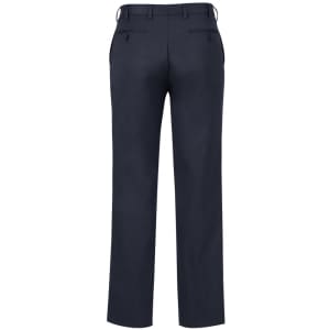 A pair of men's classic pleat pants in dark navy, featuring a tailored fit and back pockets, with branding visible.