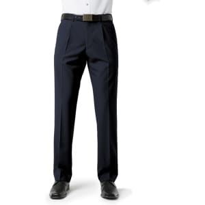 Classic pleat pants in navy, featuring a straight leg design and a sleek belt. Suitable for formal occasions.