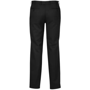 Classic flat-front black slacks with a waistband and two back pockets. Features a subtle logo.