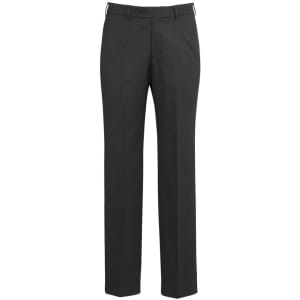 Classic flat black pants with a straight leg design, featuring a waistband and a single logo.