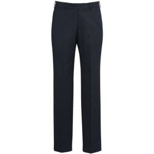 Classic flat pants in dark navy blue, featuring a sleek design and a logo. Suitable for formal and casual settings.