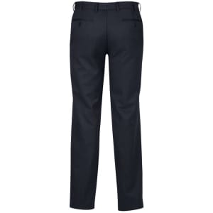 A pair of men's classic flat pants in dark grey, featuring a waistband and two back pockets.