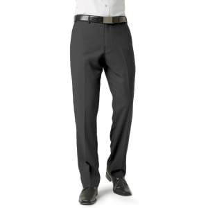Men's classic flat pants in grey, featuring a straight cut and a belt, suitable for smart-casual attire.