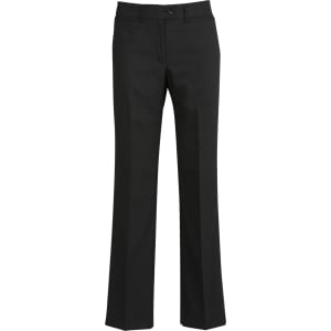 Classic women's black slacks featuring a straight leg design and a simple waistband with a button closure.