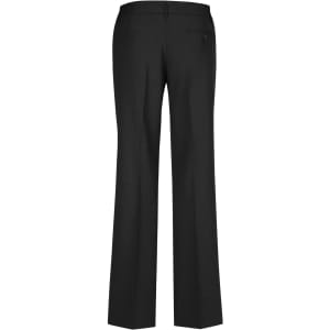 A pair of women's classic black slacks, featuring a straight leg design and a single back pocket.