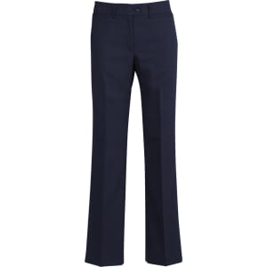 A pair of women's classic navy slacks with a straight leg design and a front button closure.