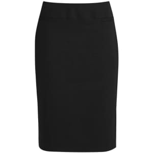 A below-knee black skirt featuring a fitted design and a sleek waistband. It has a branding logo.