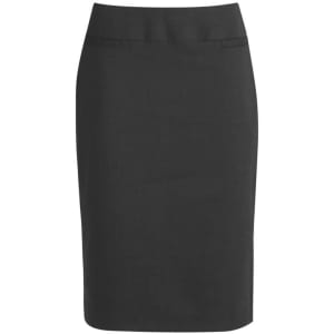 A women's classic below knee skirt in black, featuring a fitted silhouette and a simple design.