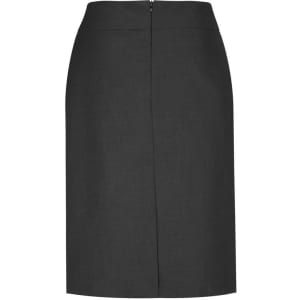 A women's classic below-knee skirt in dark grey, featuring a back zip and a sleek design.