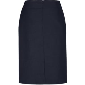 A below-knee women's skirt in navy with a zip closure at the back. Includes a logo.
