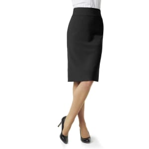 A black below-knee skirt with a fitted silhouette, paired with high heels and a white blouse.