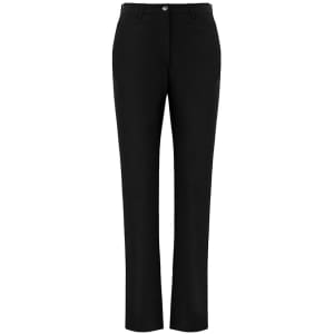A pair of black women's slacks with a sleek design and a logo on the waistband.