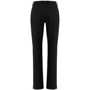 Black women's slacks with a straight-leg design and two back pockets, featuring a branding logo on the waistband.