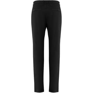 A pair of black men's slacks with a straight leg design and a logo on the waistband.