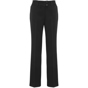 A pair of black women's slacks featuring a fitted waist and two buttons. The pants have a straight-leg design.