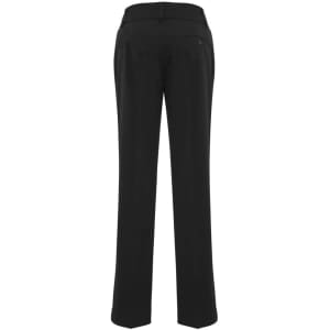 Black slacks with a tailored fit, featuring a waistband and back pocket detailing. Includes branding on the garment.