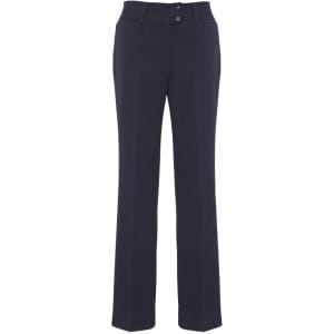 A pair of navy slacks with a straight leg design and two front buttons, featuring a logo on the waistband.
