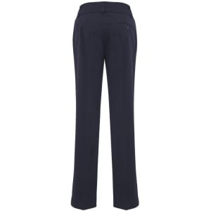 Navy blue women's slacks with a straight-leg cut and a back pocket, featuring a logo.
