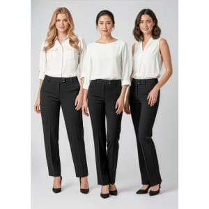 Three models wearing black slacks, styled with white blouses. The pants feature a sleek design and fit.