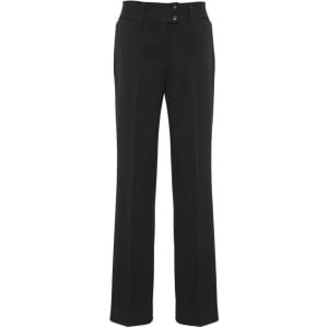 Black women's slacks with a straight leg design, featuring two front buttons and pockets, and a waistband.
