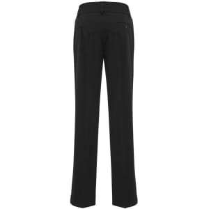 Black women's slacks with a straight-leg design, featuring a back pocket and a waistband. Includes a logo.