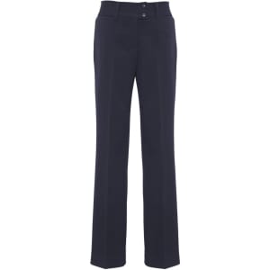 A pair of black slacks with a smooth finish and two front buttons. Features a tailored fit and straight leg design.