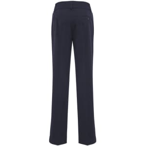 Navy slacks with a straight-leg cut and pockets at the back, featuring a logo on the waistband.